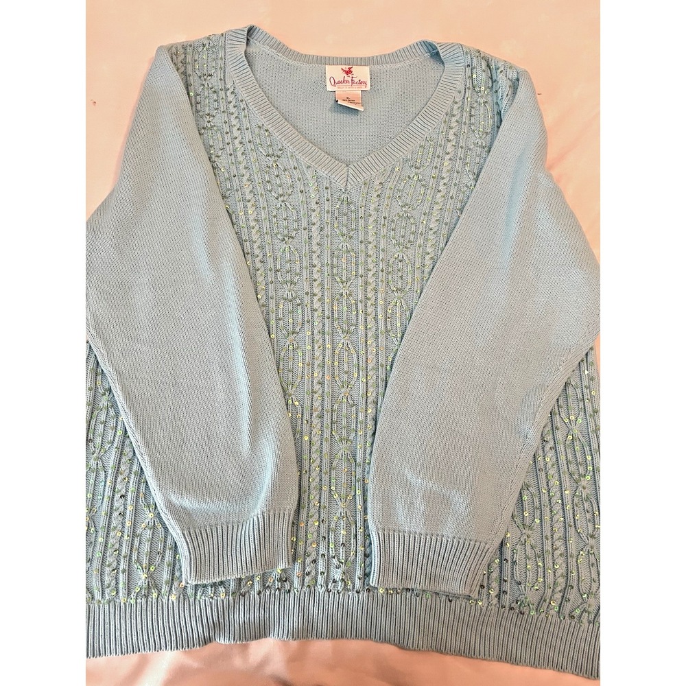 Quacker factory sweater xl blue sequin V neck Cotton‎ Cable knit
